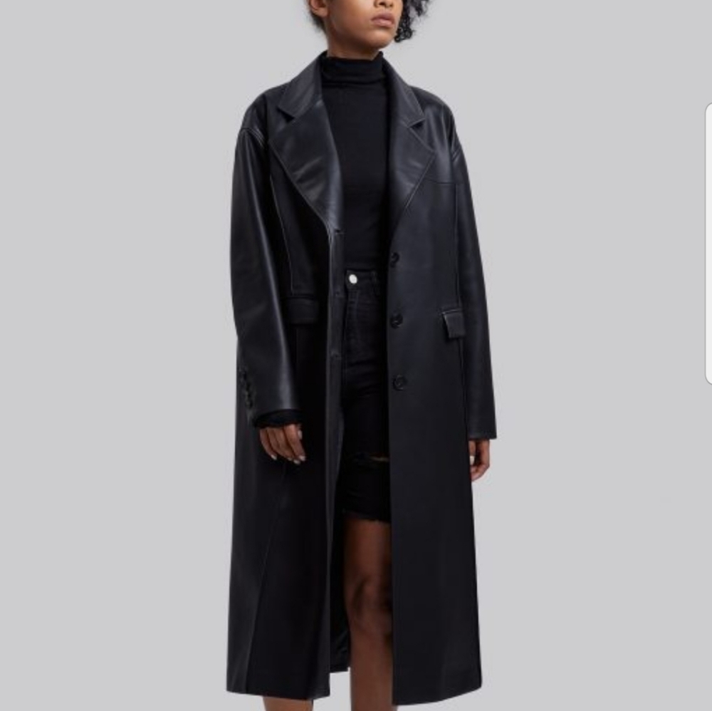 NWT Faux Leather All-Black Trench Coat with Pinched Pleats - DEPT ANONYM
